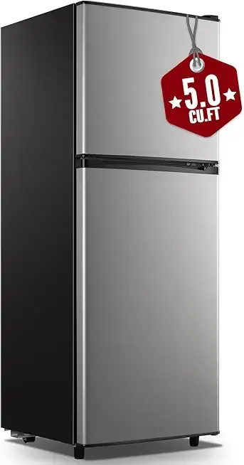 WANAI Large Capacity Fridge with Freezer, 5.0 CU.FT Refrigerator with 2 Door & 7 Gear Mechanical Control & Side Bottle Rack, LED Light, Ideal for Dorm, Kitchen, Apartment, Office, Silver