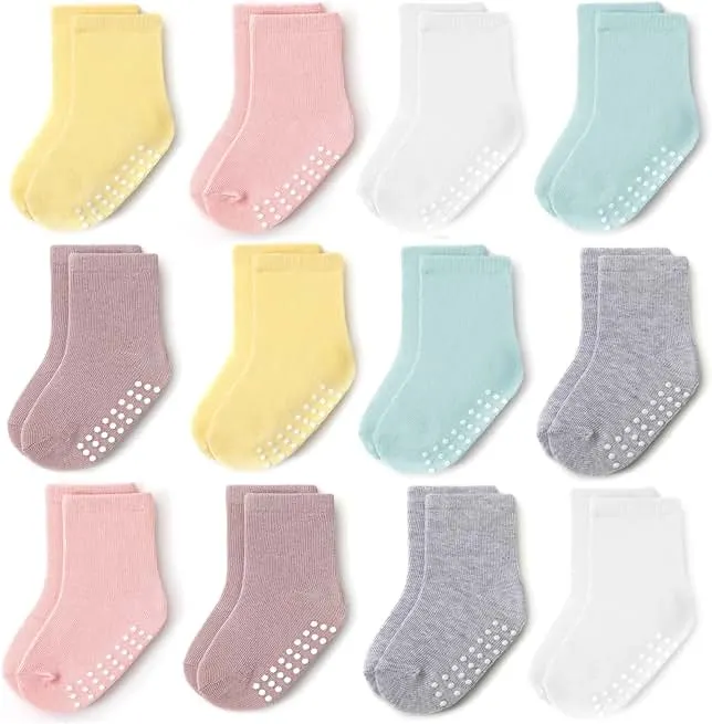 JAKIDAR 12 Pack Baby Toddler Socks Non Slip Grip Cotton Crew Socks for Boys Girls Infants Kids