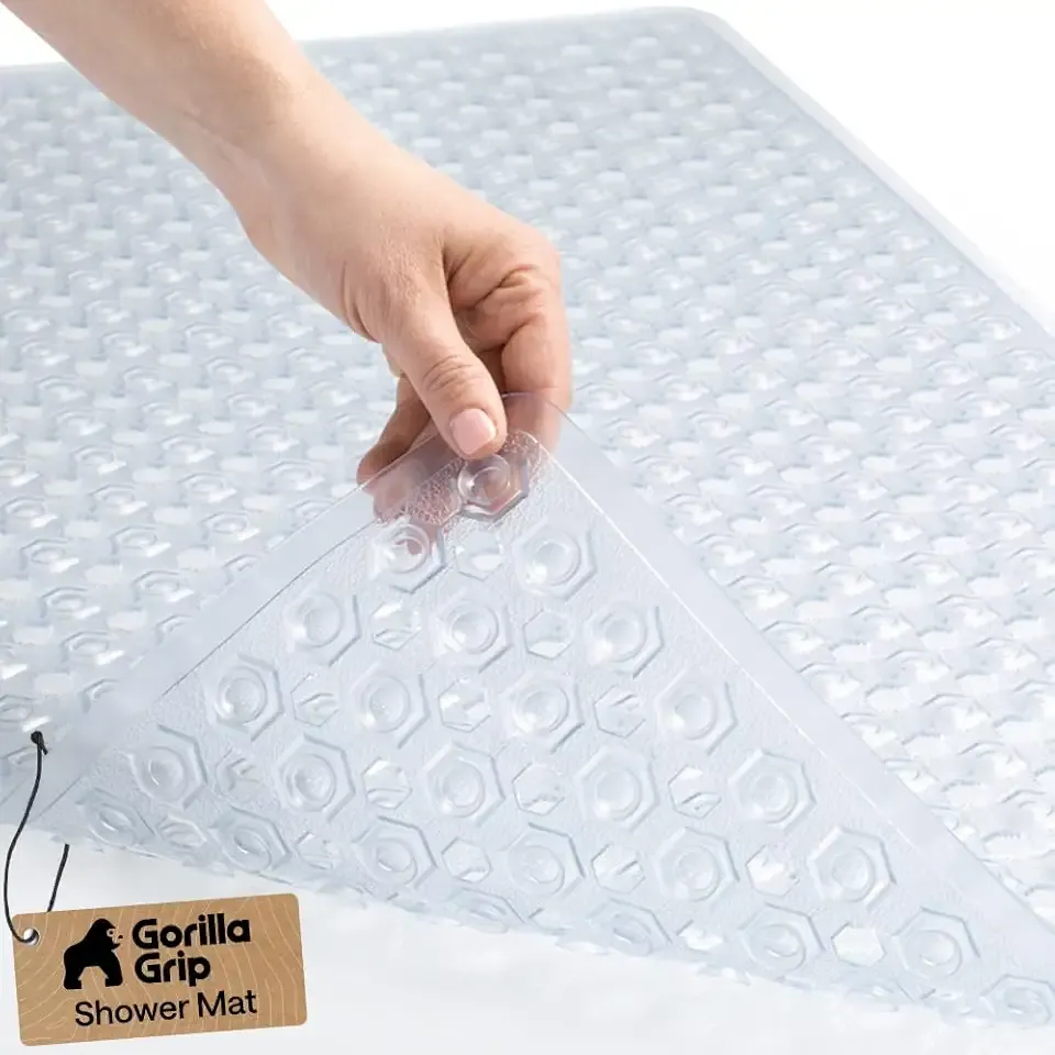 GORILLA GRIP Patented Bath Tub Shower Mat, Machine Washable Bathtub Floor Liner Mats, Suction Cups and Drain Holes to Keep Tubs Clean, Soft on Feet, Bathroom Essentials, 35x16 Inch, Clear