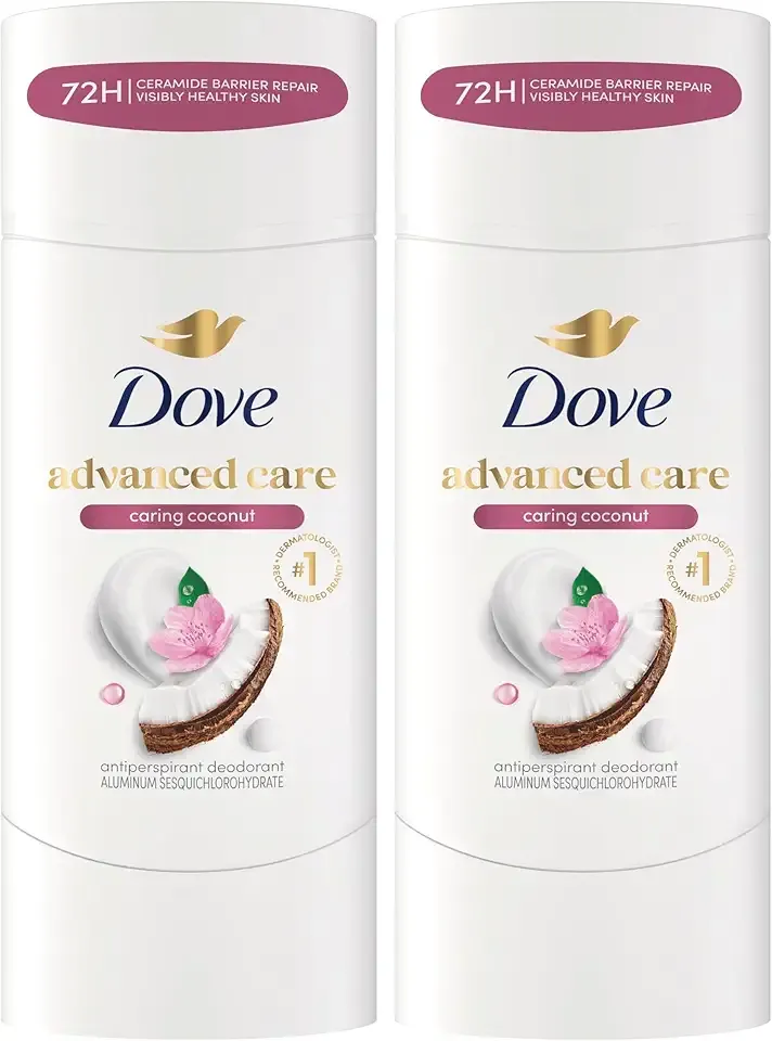 Dove Advanced Care Antiperspirant Caring Coconut, 2 Count Deodorant Stick for Women, for 48 Hour Protection And Soft And Comfortable Underarms, 2.6 oz