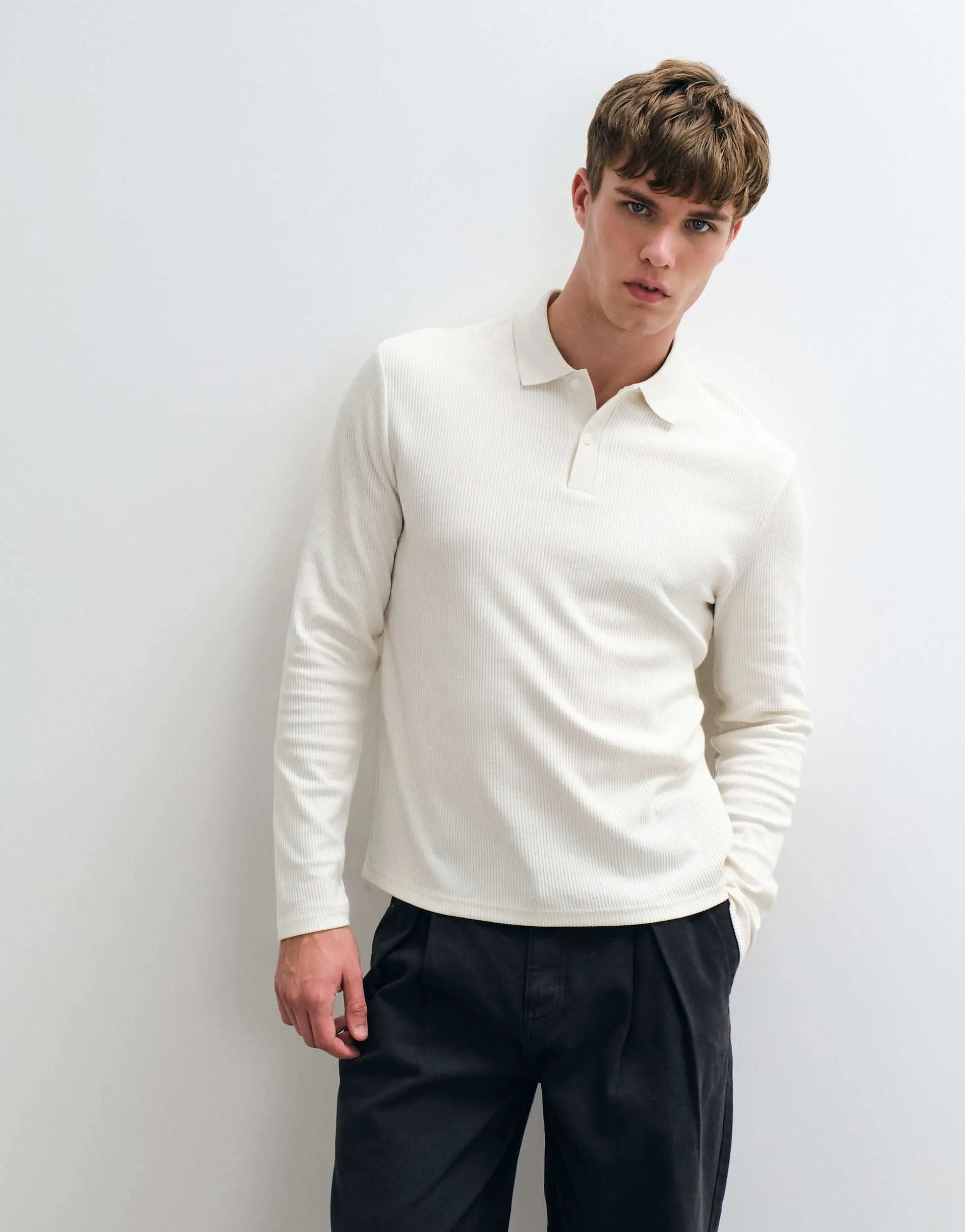 ASOS DESIGN heavyweight regular fit long sleeve polo in cream texture