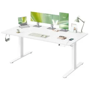 Escritorio elevable para oficina con 3 botones de memoria, puerto USB-C y estante para regleta, 180x80 cm, blanco