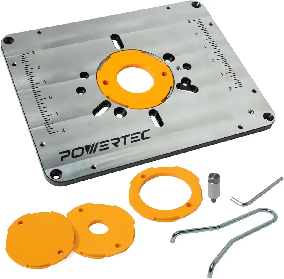 POWERTEC Aluminum Router Table Insert Plate with Reducer Rings, Leveling Screws, and Starting Pin – Compatible with Bosch, DeWalt, Makita, and Other Brands for Woodworking with Router Tables (71850)