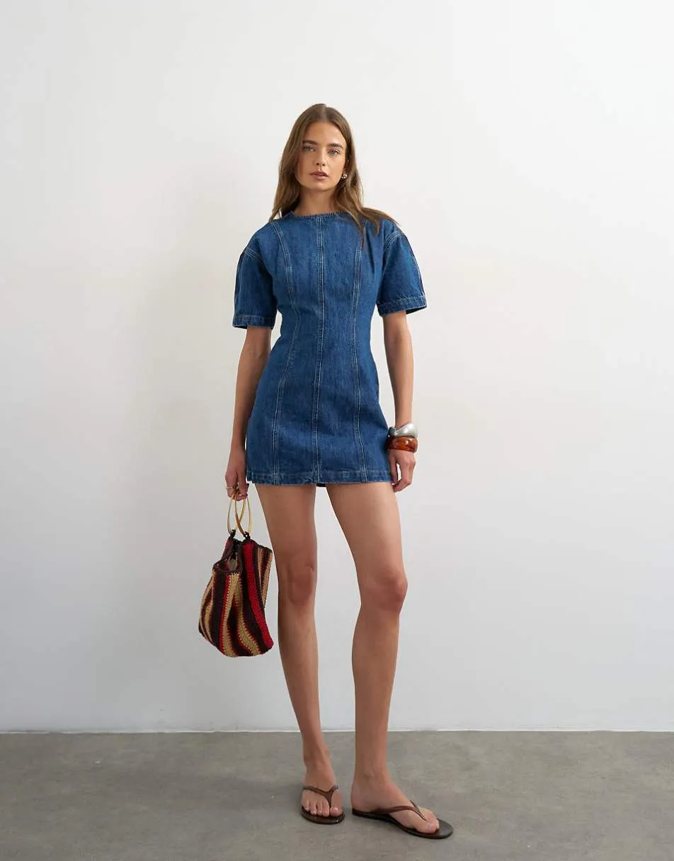 Topshop denim short sleeve mini dress in mid blue