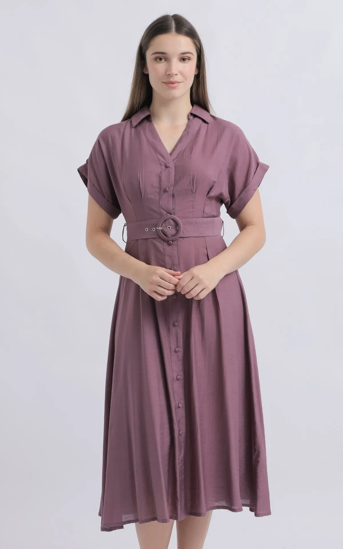 Voile Roll Cuff Belted Shirt Dress