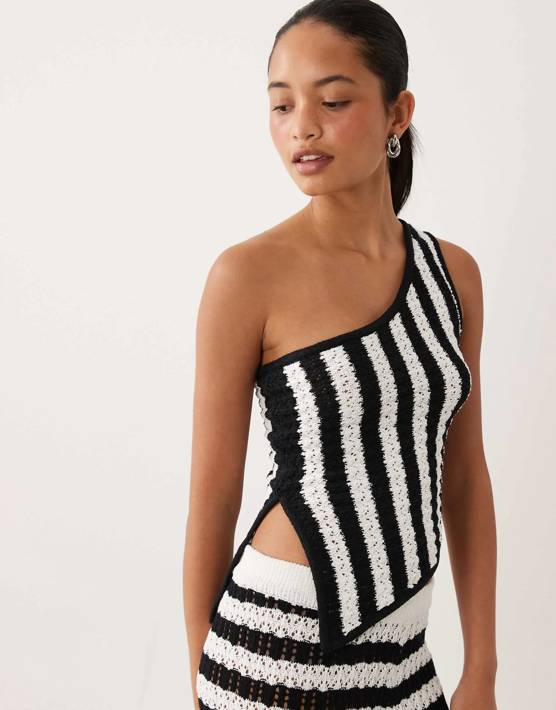 ASOS DESIGN slub stripe one shoulder top co-ord in mono