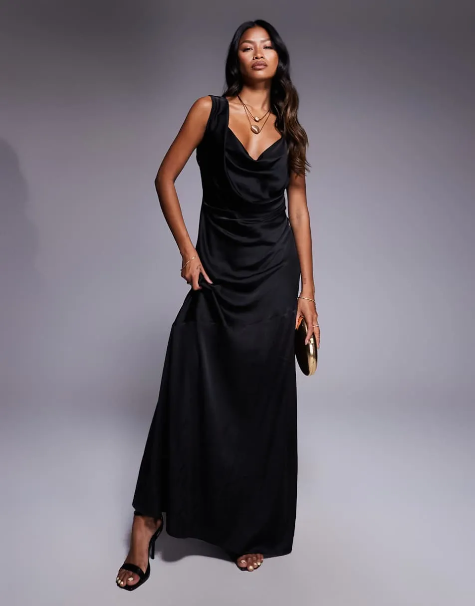 TFNC one shoulder maxi dress with cross strap back in black satin