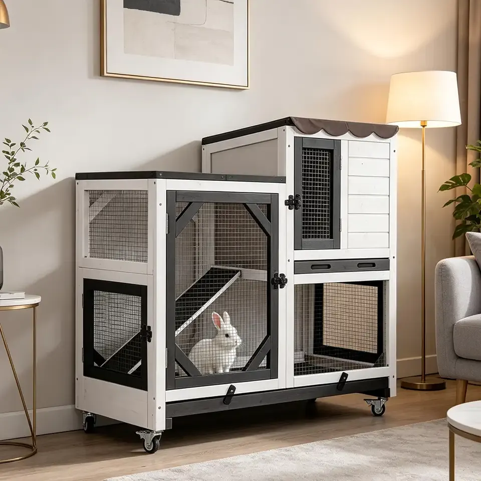 GUTINNEEN Duplex Rabbit Hutch Indoor with Chew-Proof Frame & 2 Leak-Proof Sliding Trays, Rain Cover, Wooden Guinea Pig Cages with Wheels - Black and White