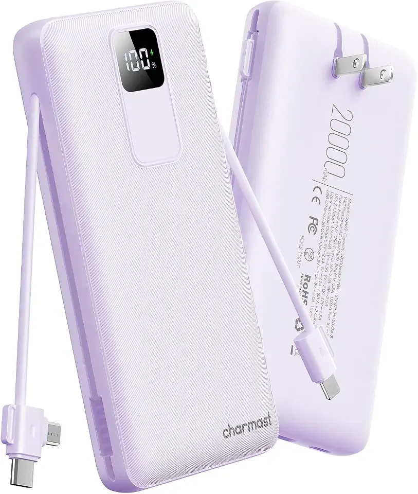 charmast 20000mAh Portable Charger with Built-in Cables and AC Wall Plug
