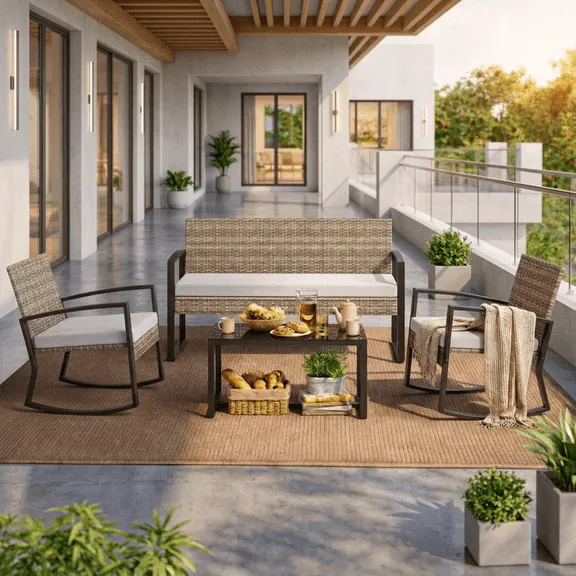 Clearance All-Weather Handwoven Wicker 4-Piece Rocking Patio Set Including Chairs and Coffee Table for Outdoor Leisure Space Beige $109.99 Was $199.99