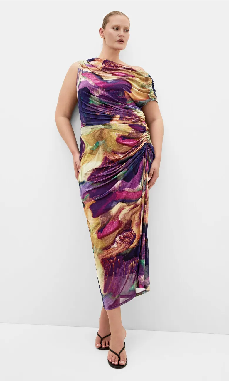 Vivid Mesh Swirl Print Maxi Dress - deep purple
