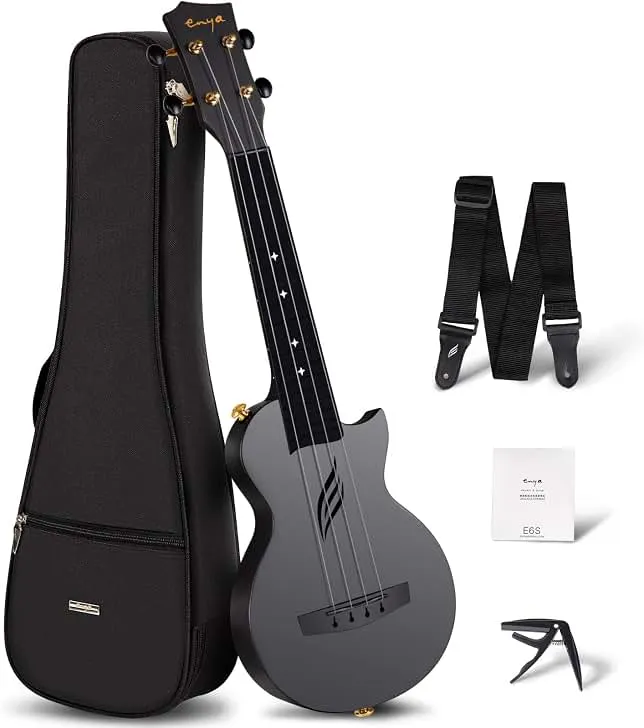 Enya NOVA U MINI 21-Inch Carbon Fiber Soprano Travel Ukulele, Black | Waterproof Body, Resists Humidity and Temperature Changes, 0.9 lb, Low-Action Setup, Beginner Kit: Case, Strap, Capo, Strings
