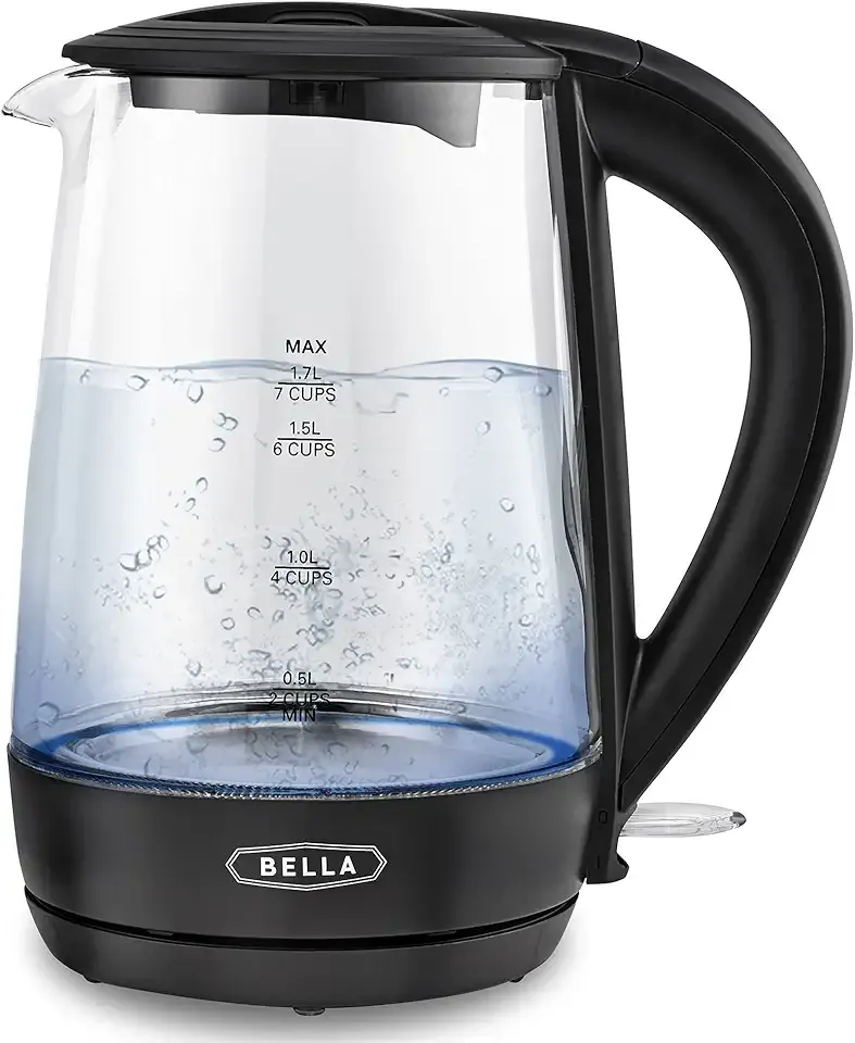 bella 1.7 Liter Glass Electric Kettle, Quickly Boil 7 Cups of Water in 6-7 Minutes, Soft Blue LED Lights Illuminate While Boiling, Cordless Portable Water Heater, Carefree Auto Shut-Off, Black