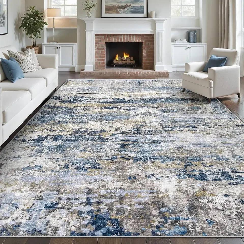 Area Rugs 8x10 for Living Room: Washable Rug Modern Abstract Neutral Soft Non-Slip Low-Pile Indoor Large Carpet for Bedroom Dining Room Playroom Home Office (Blue Grey Brown, 8'x10')