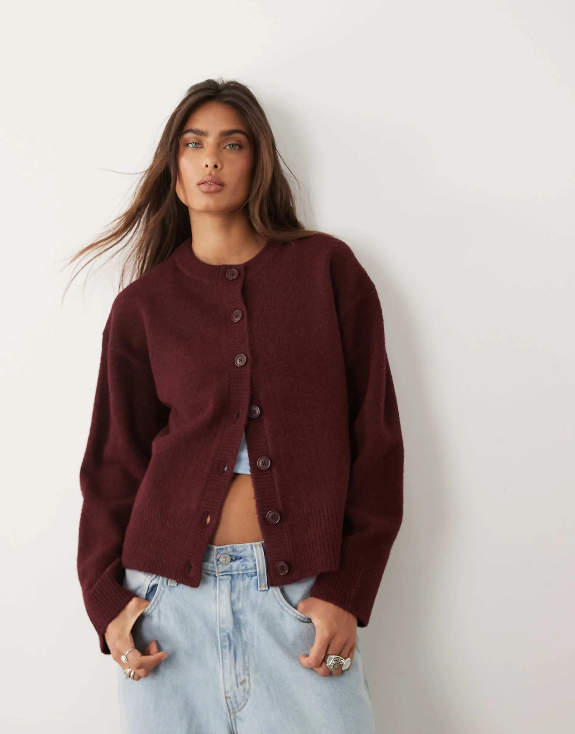ASOS DESIGN relaxed cardigan with side split detail in burgundy
