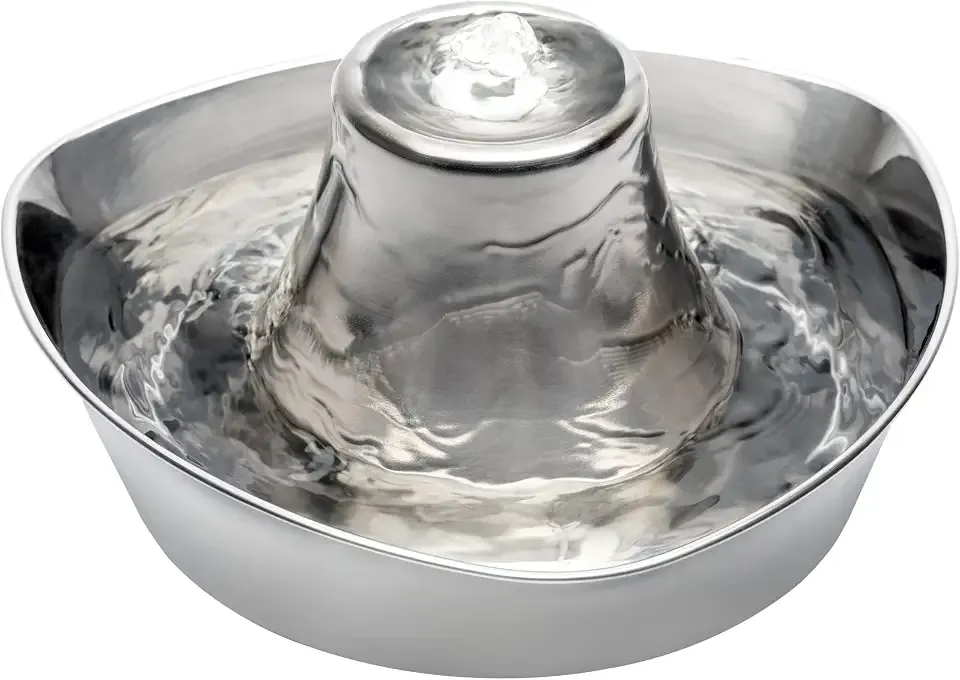 PetSafe Seaside Stainless Cat & Dog Fountain, 60 oz, 2 Filters & Pump | 60 Oz Capacity, 360-Degree Flow, Triple-Filter with 2.5x More Activated Carbon, Scratch/Rust-Resistant Stainless Steel