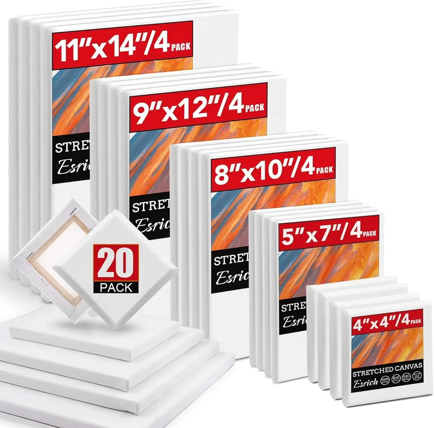 Stretched Canvas for Painting, Multi Size 11x14, 9x12, 8x10, 5x7, 4x4(4 of Each), 20 Packs Primed Blank Canvases, Very Good for Beginners or Professionals.