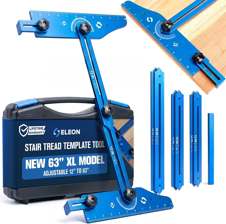 ELEON Staircision™ Stair Tread Template Tool (XL - 63") - Aluminum Alloy Jig for Accurately Measuring Angle, Length, & Depth - Compatible with All Types of Layout Projects, Comes with Sturdy Case