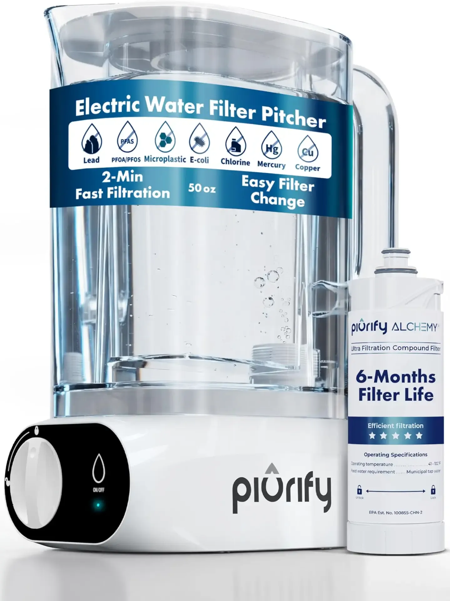 Piurify Compact 50 OZ Countertop Electric Water Filter Pitcher | Removes 99% of Lead, Microplastics, PFAS & Chlorine | Advanced Carbon Block & UltraFiltration Technology | 6 Months Filter Life