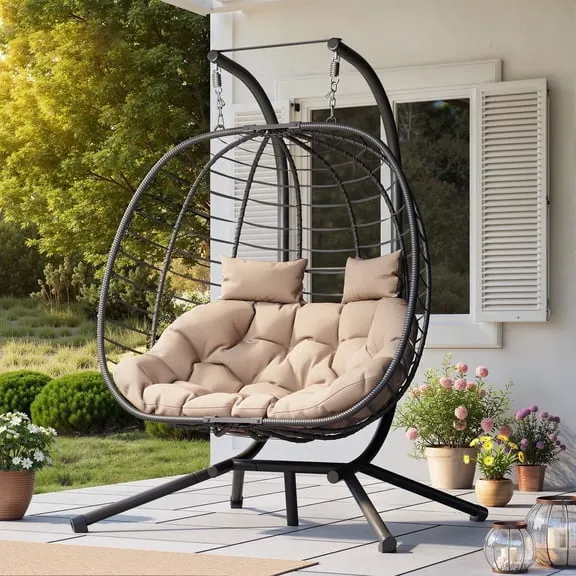Amopatio Hanging Egg Chair with Stand Double Wicker Swing Egg Chair Patio Hammock Chair, Foldable Swing Loveseat for Patio, Balcony, Porch, Indoor, Outdoor, Black/Beige