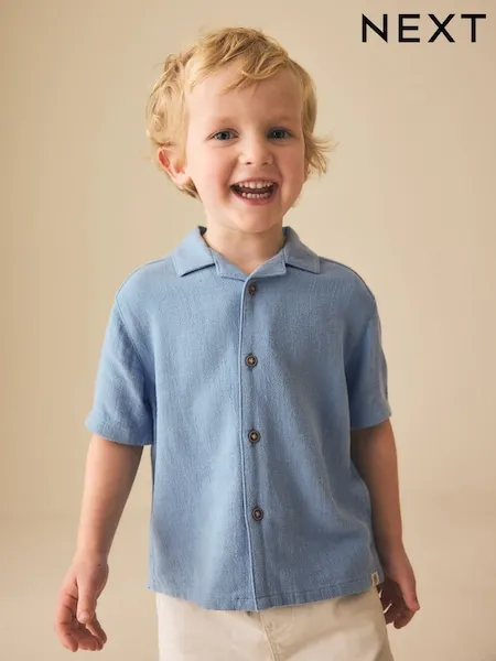 Blue Short Sleeves Linen Blend Revere Collar Shirt (3mths-7yrs)