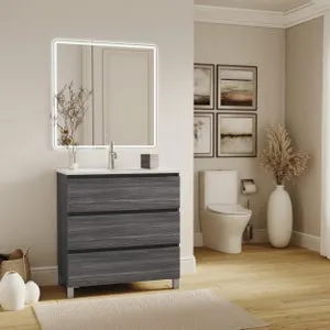 Mueble de baño con lavabo ESPACIO Roble gris Mate 80x46 cm con 3 cajones