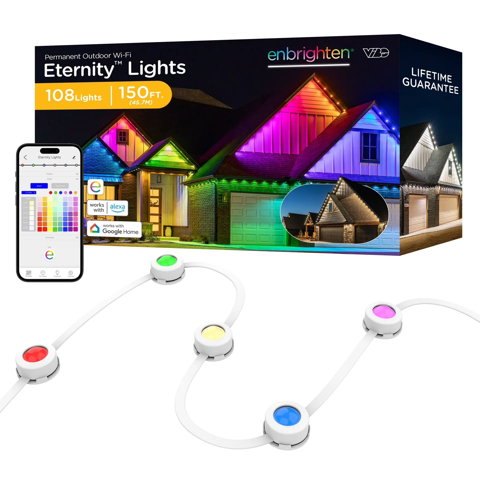 150-ft Plug in White Permanent Outdoor House Lights for Year-Round and Christmas Eave Lighting Smart Outdoor String Light with 108 Color changing -Light LED Mini Bulbs Wi-Fi Compatibility