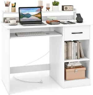 Escritorio con Tomas de Corriente, Mesa Escritorio con Bandeja para Teclado, Cajón y Estante Ajustable, Escritorio Ordenador Blanco, 105 x 55