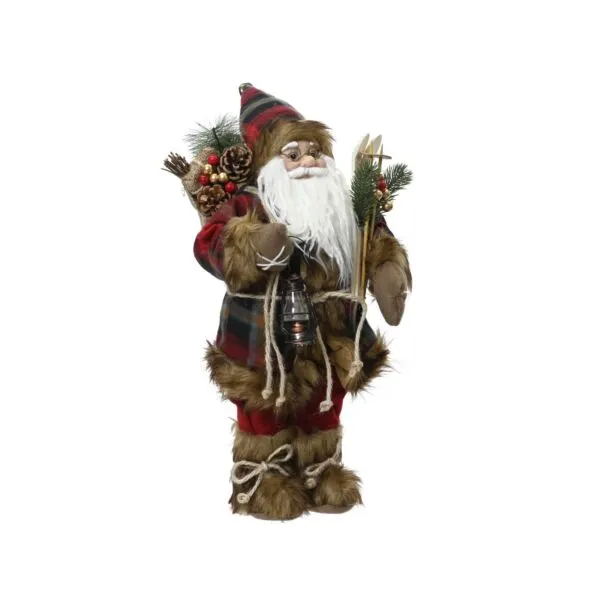 Decoris polyester kerstman met lantaarn 30 cm kerstrood