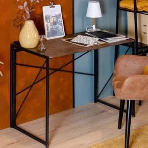 URBAN MEUBLE Escritorio industrial plegable, escritorio replegable, madera oscura, metal, nogal y negro