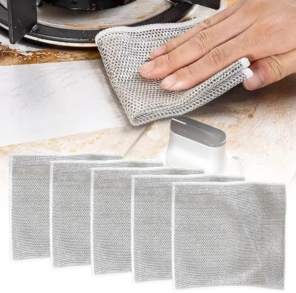 Multipurpose Wire Dishwashing Rags for Wet and Dry, 2024 New Non-Scratch Wire Dishcloth Scrubbing Wire Dishwashing Rag, Reusable Metal Wire Dishwashing Cloth for Home Kitchen Cooktop (5)