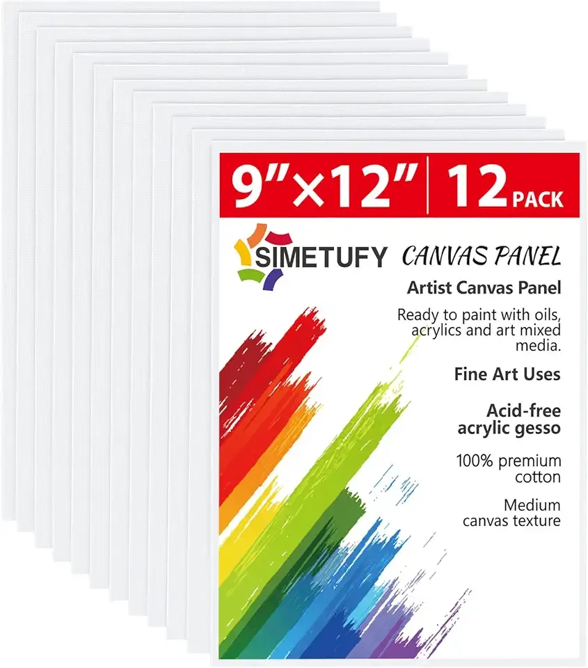 Simetufy 12 Pack 9 x 12 inch Canvas Boards for Painting Canvas Panels- Gesso Primed Acid-Free 100% Cotton for Acrylics Oil Watercolor Tempera Paints