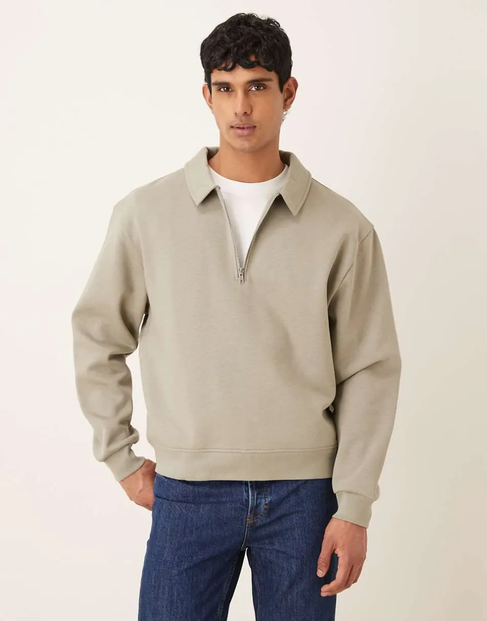 ASOS DESIGN boxy relaxed quarter zip sweatshirt with collar in sage