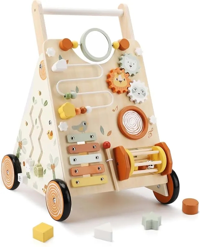 Pithfor Wooden Baby Walker, Baby Push Walker with Activity Center for Girls Boys, Montessori Push Walker Toys for Babies Learning to Walk, Si…