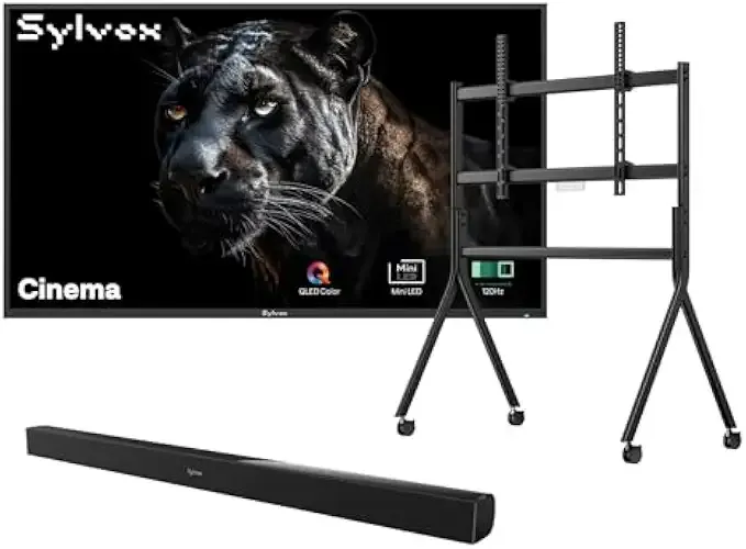SYLVOX 75 inch Outdoor Mini-LED QLED TV with Rolling Stand & Soundbar, 4K UHD, 2000 Nits Full Sun, Anti-Glare Screen, 120Hz, IP56 Waterproof, Dual 30W Dolby Atmos Speaks (Cinema/2025)
