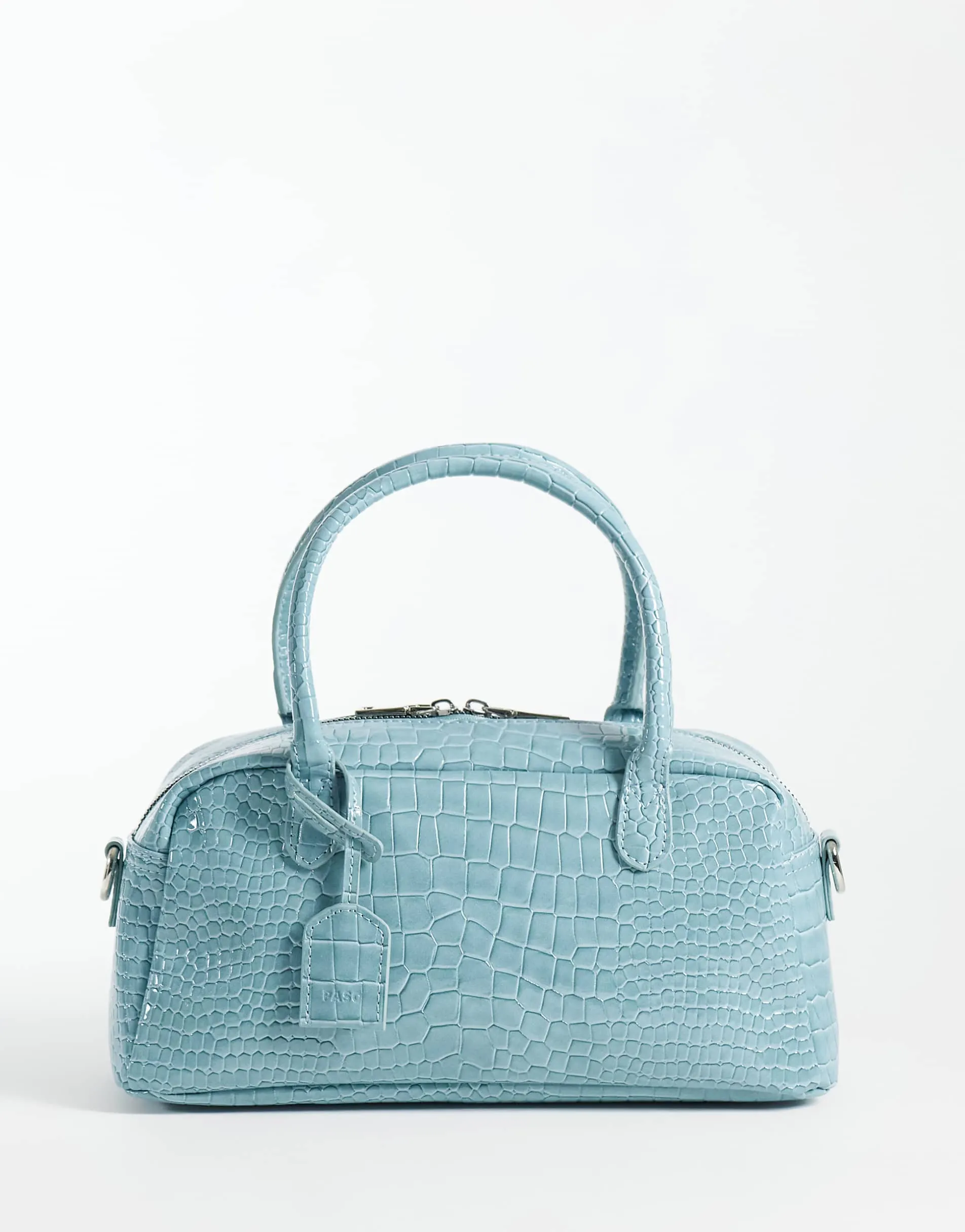 PASQ bowling bag with crossbody strap in light blue croc