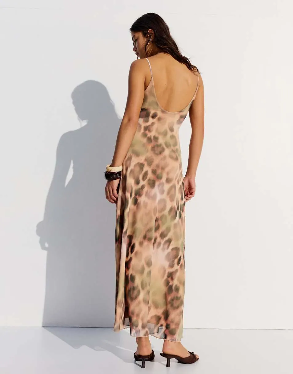 Bershka Animal print tulle midi dress in beige