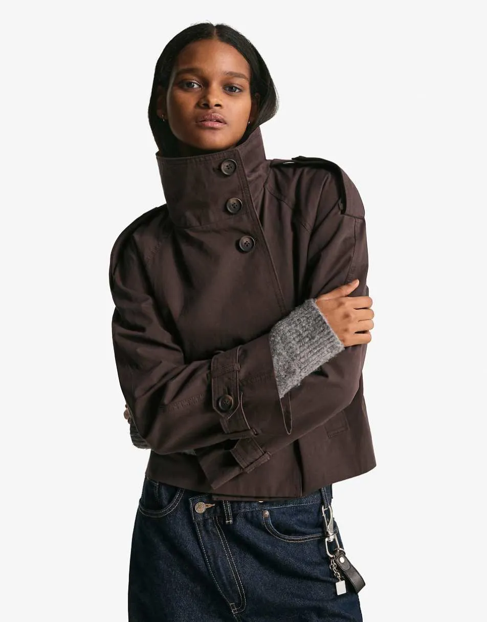 Bershka Funnel neck trench jacket in brown