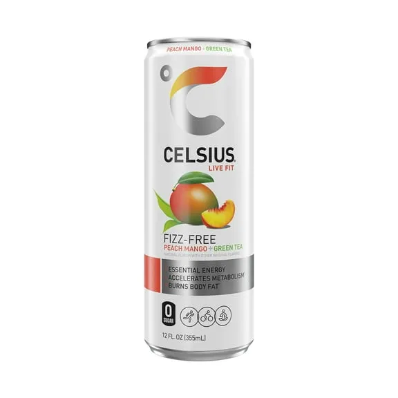 CELSIUS Fizz Free Peach Mango Green Tea, Functional Energy Drink 12 fl oz Single Can