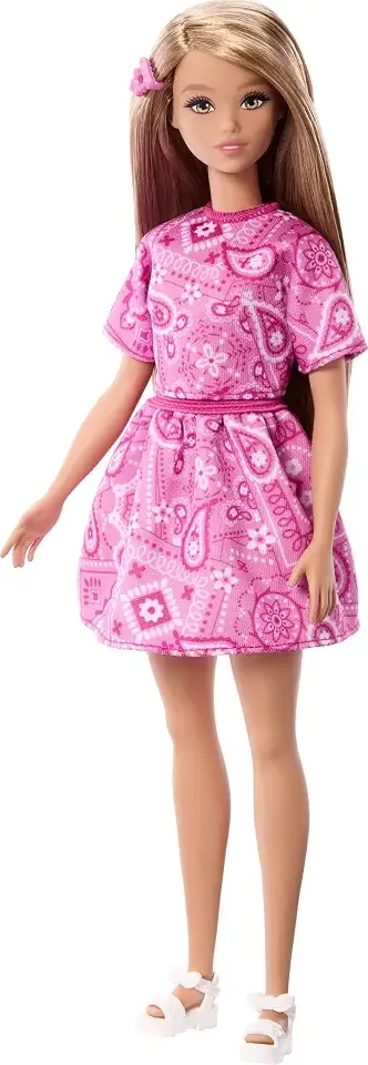 Fashionistas Style Doll #249 with Blonde Hair, Wearing Pink Paisley Skirt, Pink Paisley Shirt, White Platform Sandals