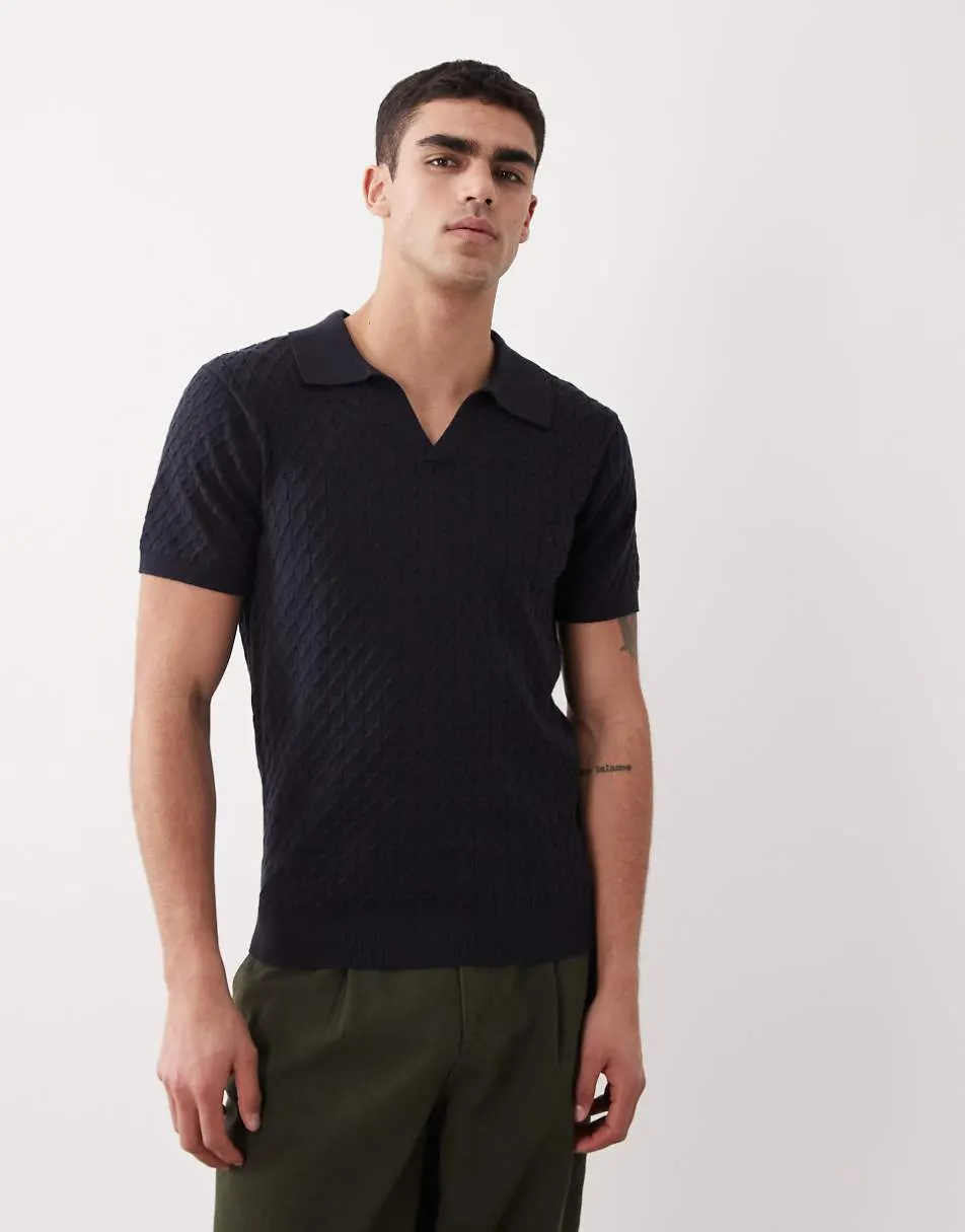New Look cable knitted collared t-shirt in navy