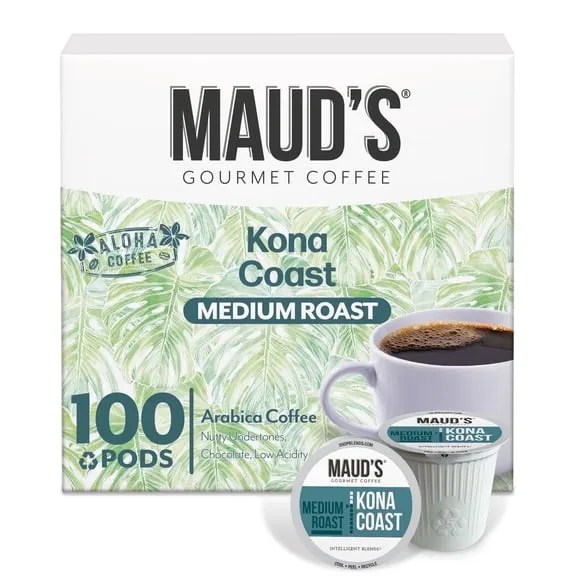 Maud's Kona Coffee Pods, 100 ct, Medium Roast Coffee in Single Serve Pods – 100% Arabica Coffee, Compatible with Keurig K Cups Maker