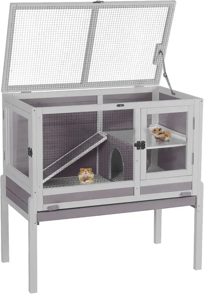 Aivituvin Wooden Guinea Pig Cages Indoor with Removable Stand, Anti Chewing Rabbit Hutch with Ramp and Wire Mesh, 2 Story Small Animals House Habitat with Pull Out Tray (Gray&Purple)