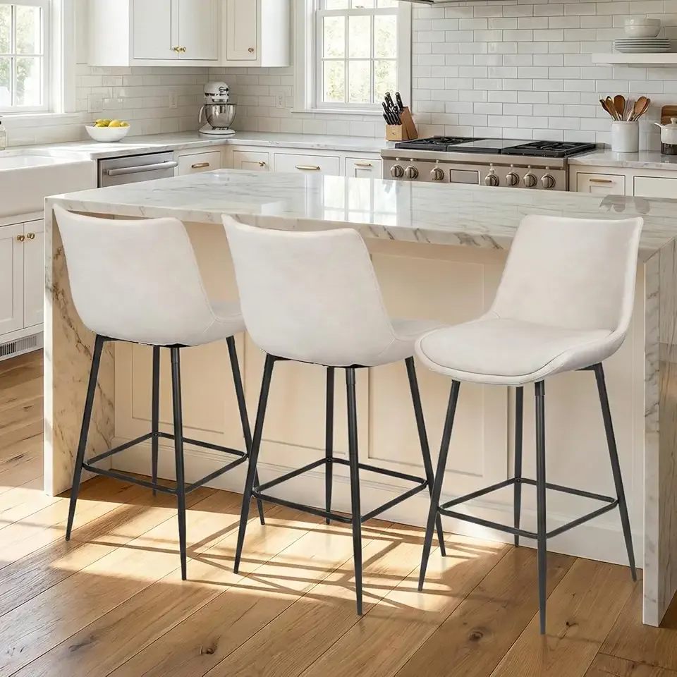 Counter Height Bar Stools Set of 3, FSC Certified Upholstered Faux Leather Barstools with Back, Metal Base, 27" Seat Height, Modern Upholstered Counter Stools for Kitchen Island,(Beige