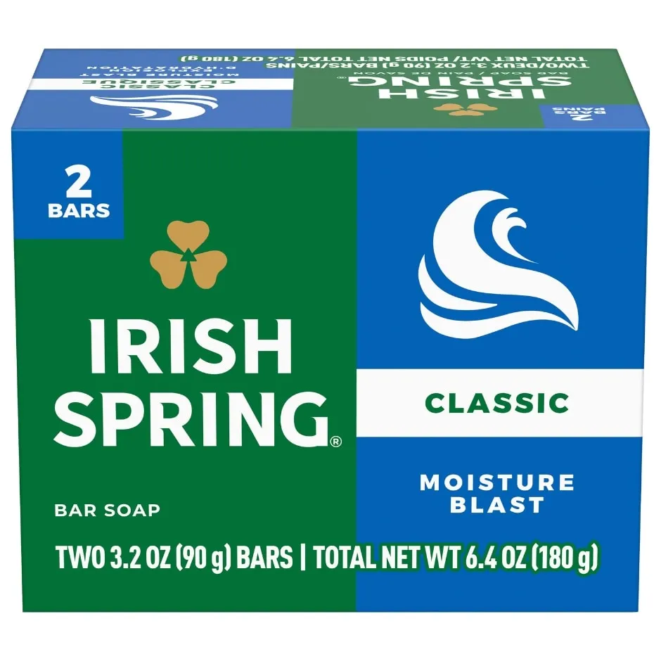 Irish Spring Moisture Blast Deodorant Bar Soap for Men, 12 Hour Fresh Deodorant Soap, 3.2 Oz. Bar (2 Pk.)