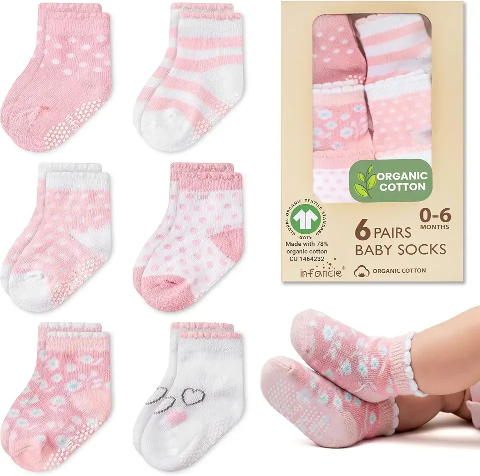 GOTS Certified Organic Cotton Baby Socks 6 Pairs For 0-6 (M) Newborn Girls Soft, Stretchable & Breathable Infant Socks, Cute Little Girls Socks, Baby Registry Essential, Pink