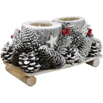 Portacandele Natalizio 2 Posti con Pigne Innevate 24x12 cm