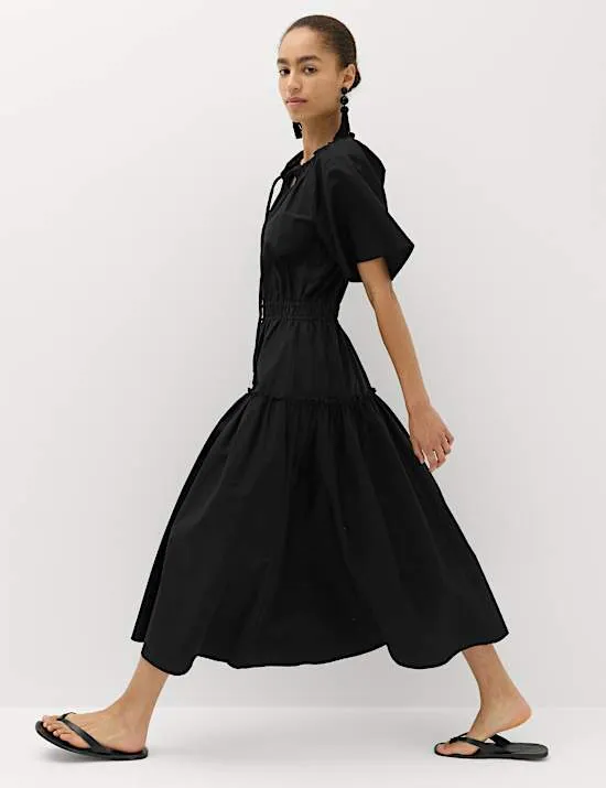 Pure Cotton Tie Neck Midi Waisted Dress