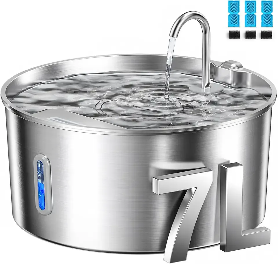 Pektaco Stainless Steel Dog Water Fountain for Large Dogs, 7L, 3 Filters