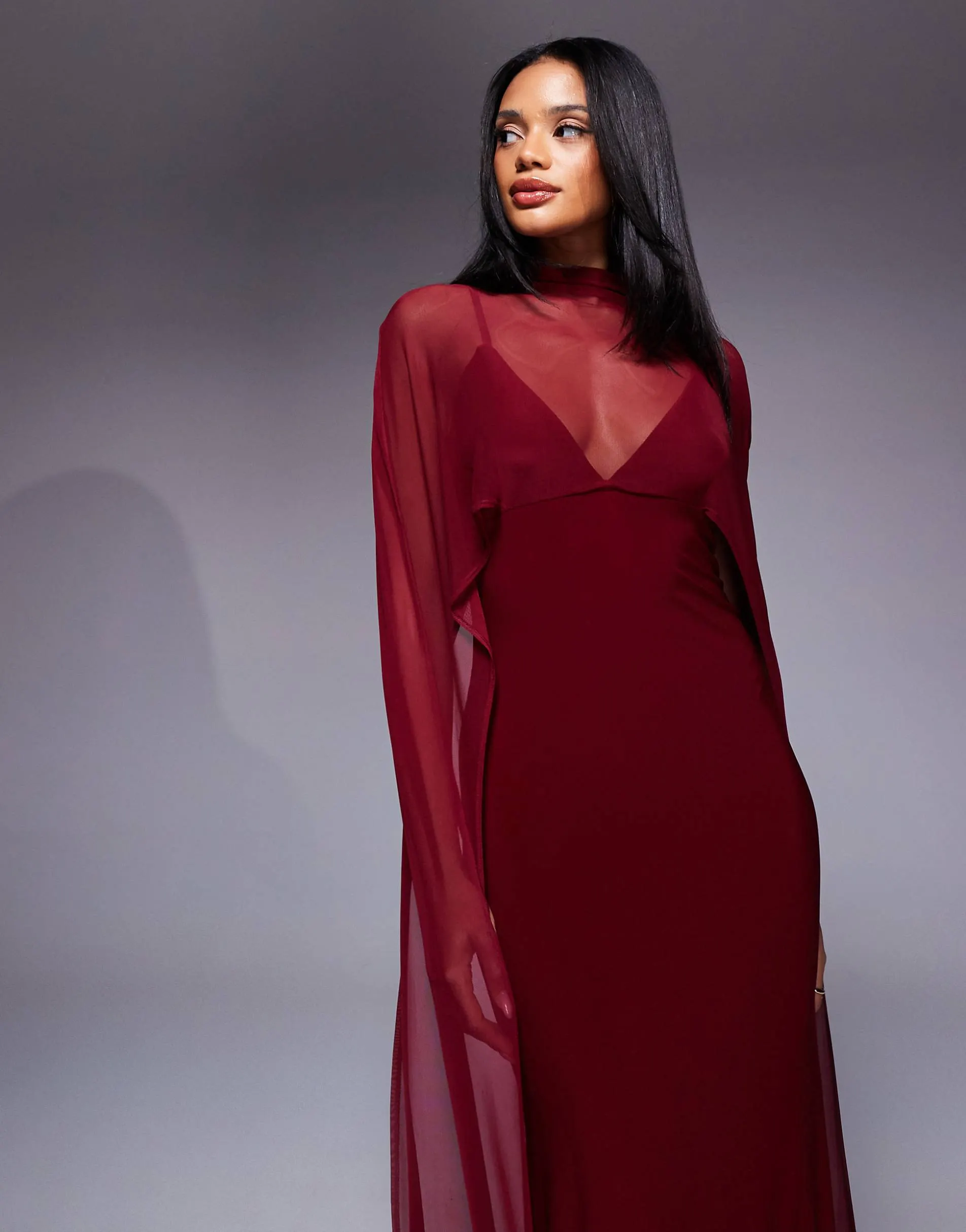 ASOS DESIGN exaggerated cape maxi dress in burgundy